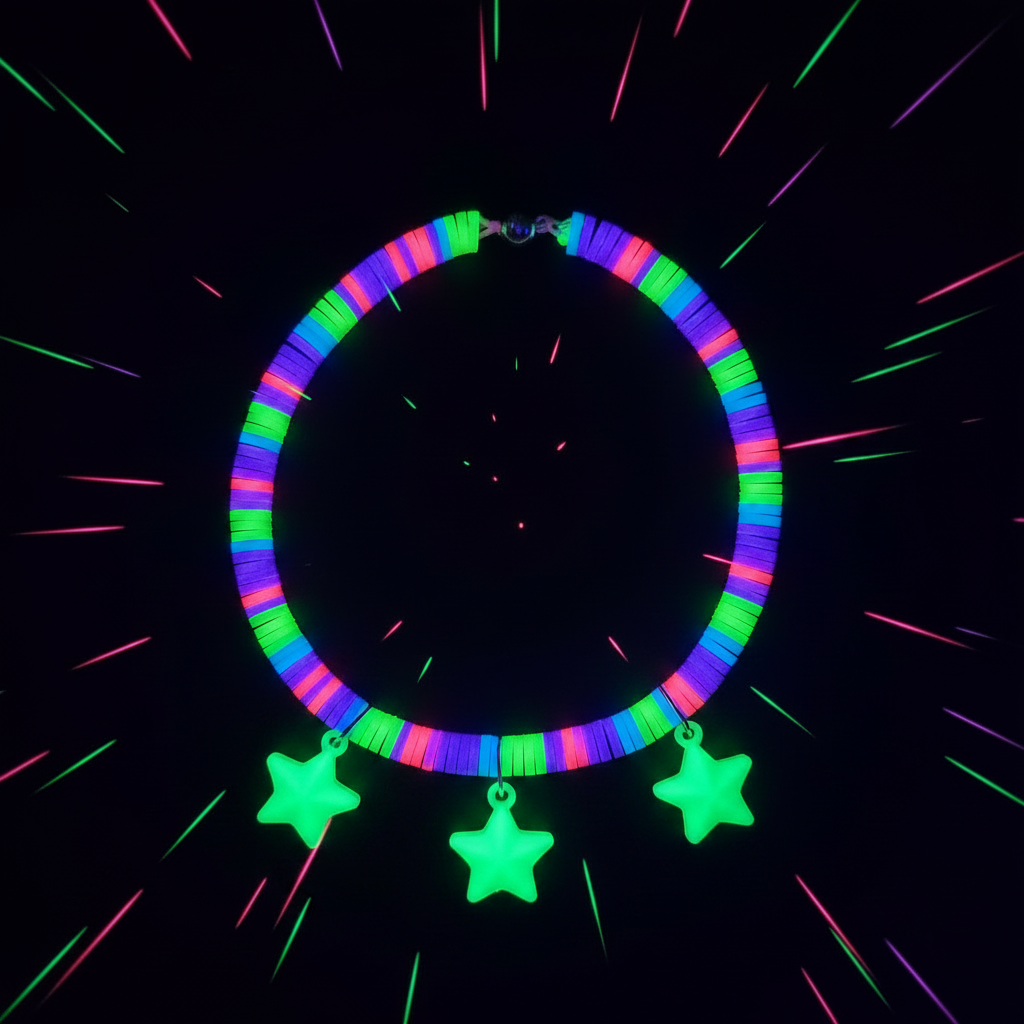 Glowing multicolored bracelet with star charms on a black background