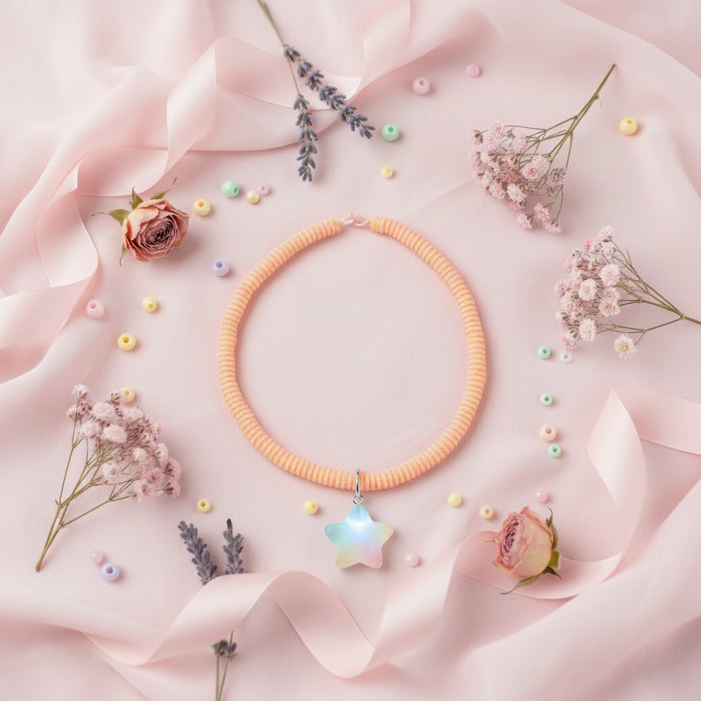 Pink beaded necklace with a star pendant on a pink fabric background with flowers.