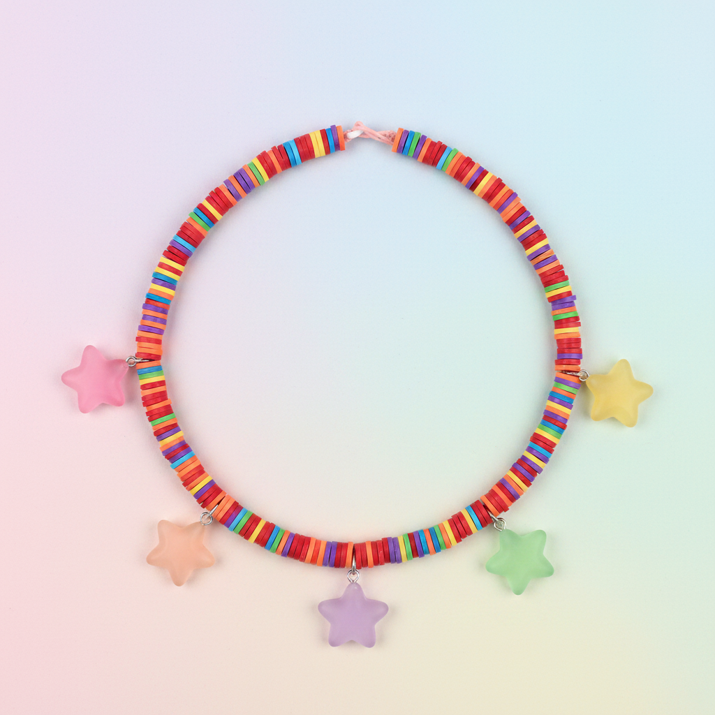 Colorful bracelet with star-shaped charms on a gradient background