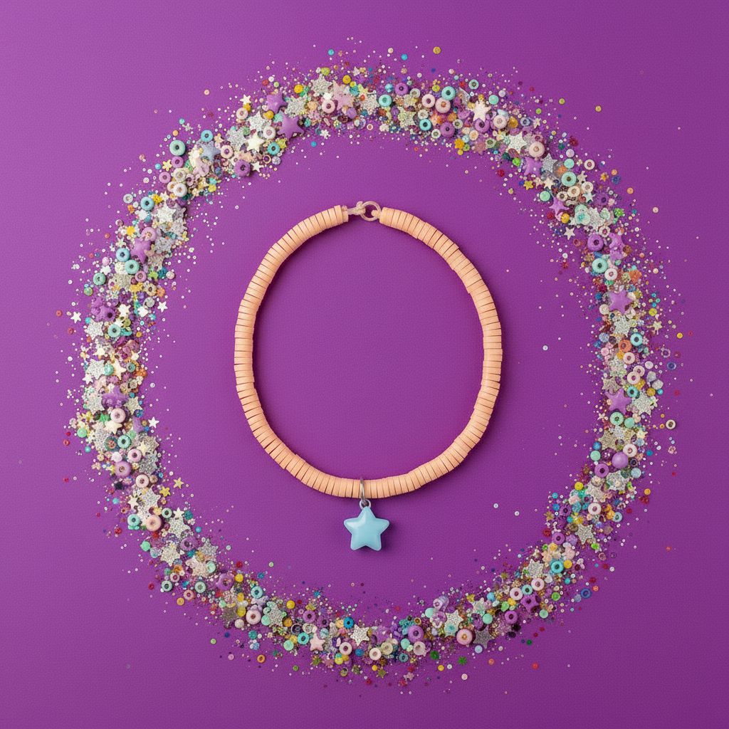 Necklace with a star pendant surrounded by colorful sequins on a purple background