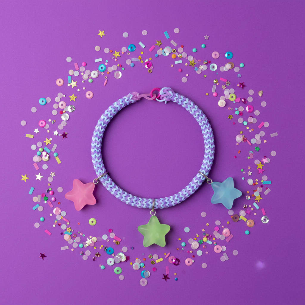 Necklace with star-shaped pendants on a purple background with colorful confetti
